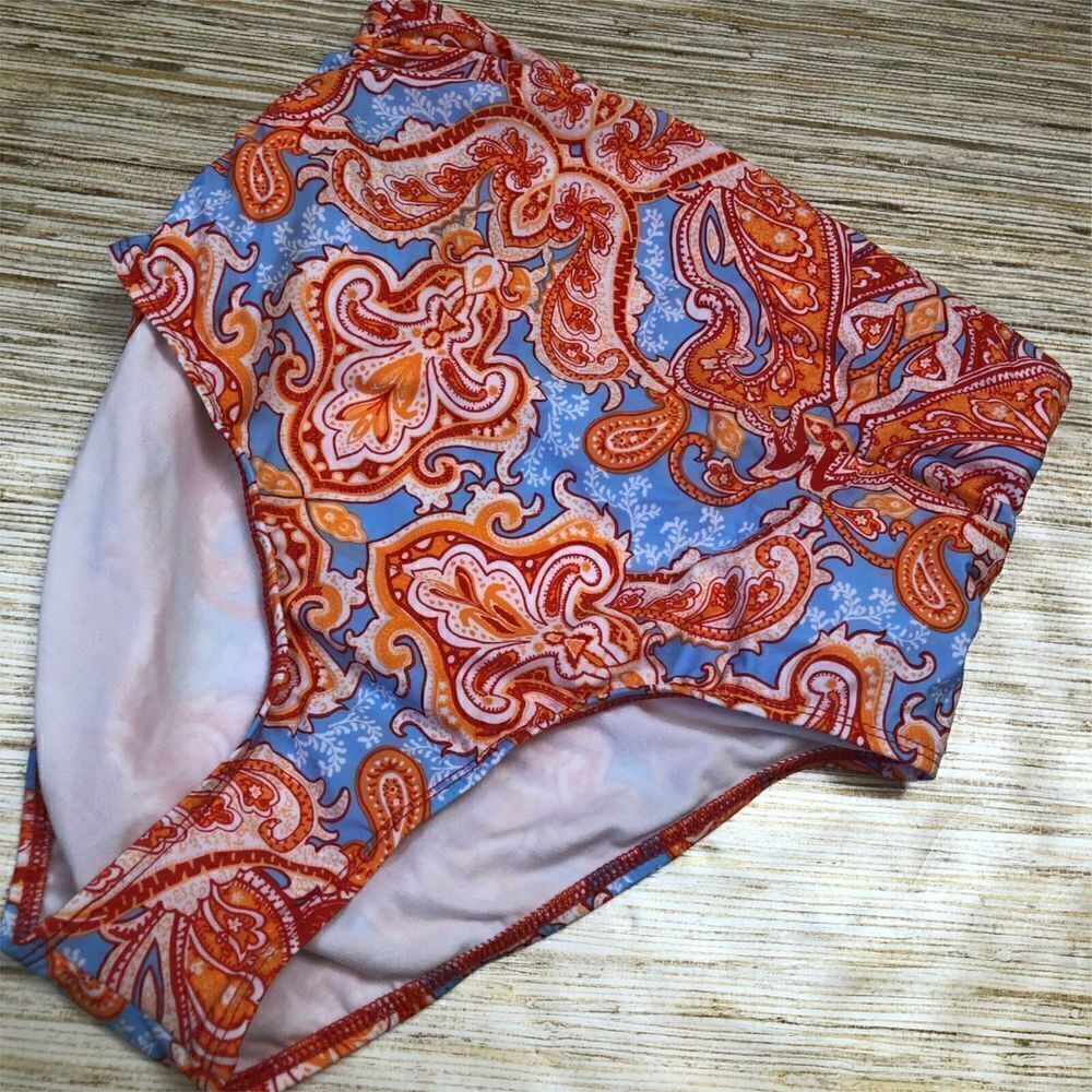 B-972 ATHENA Womens Bikini Swim Bottom High waist BLUE ORANGE PAISLEY sz 8
